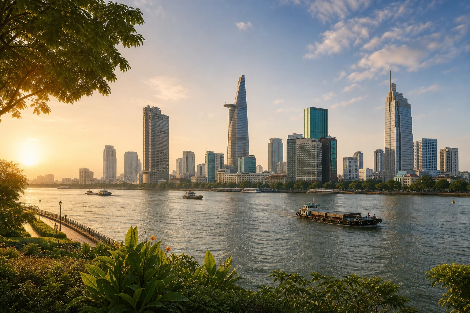 Ho Chi Minh City skyline and Saigon River in warm morning light