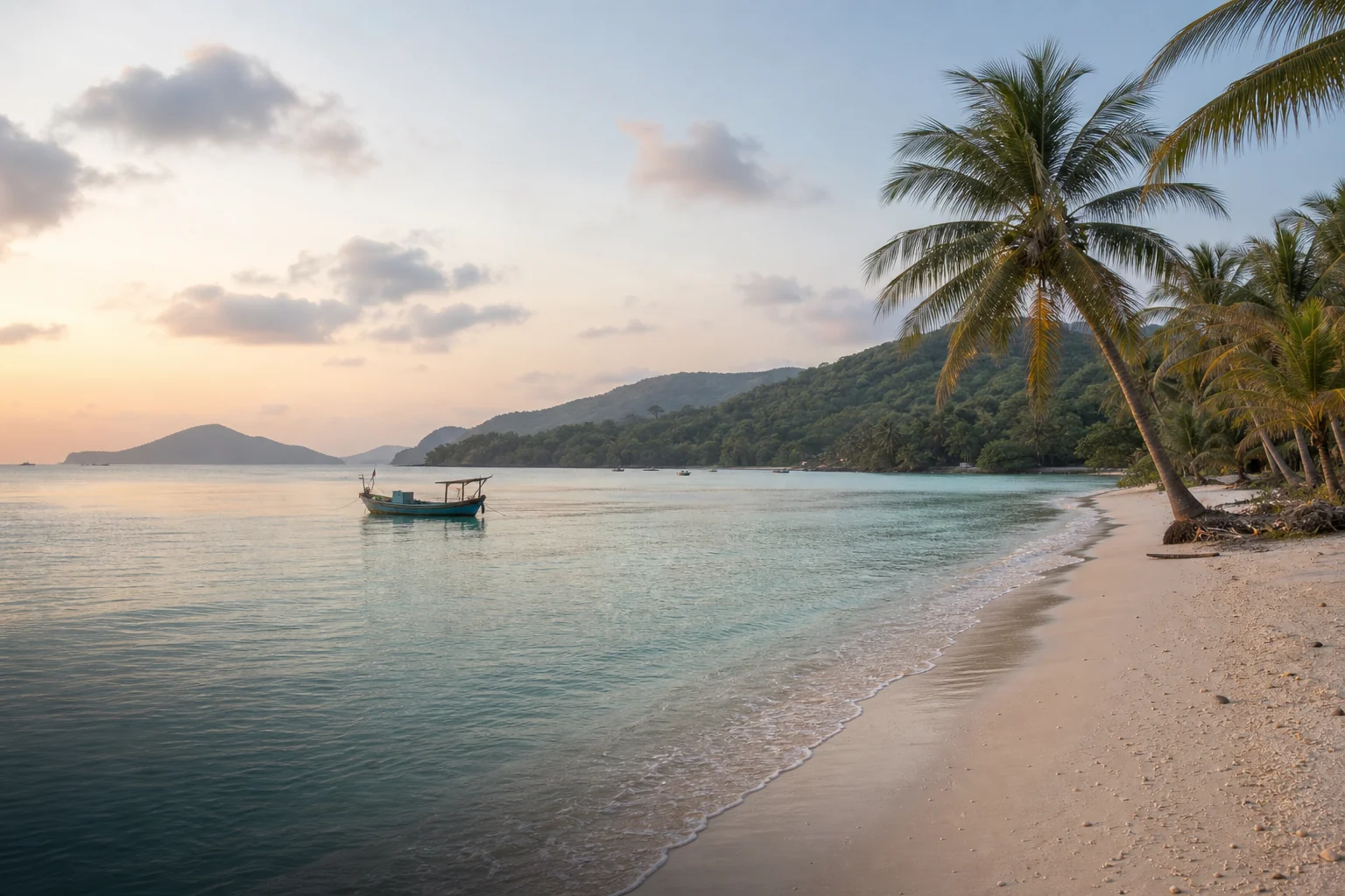Quiet Phu Quoc beach with coconut palms and a traditional fishing boat